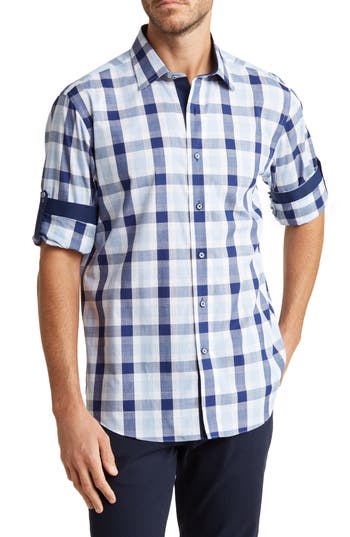 Shop Lorenzo Uomo Check Print Trim Fit Long Sleeve Cotton Button-up Shirt In White/navy