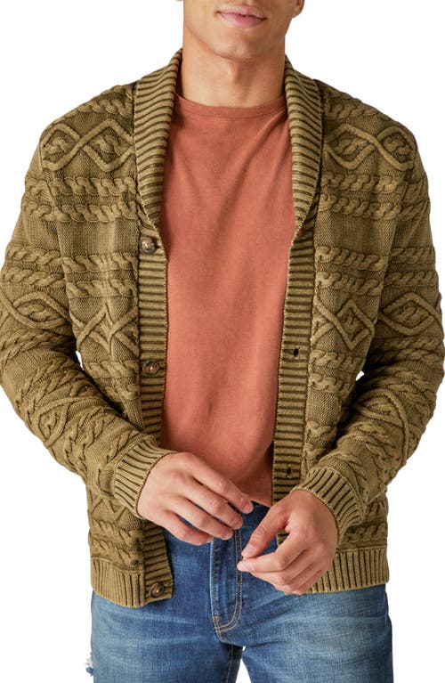 Lucky Brand Shawl Collar Cable Stitch Cardigan in Drk Olive Acid Wash