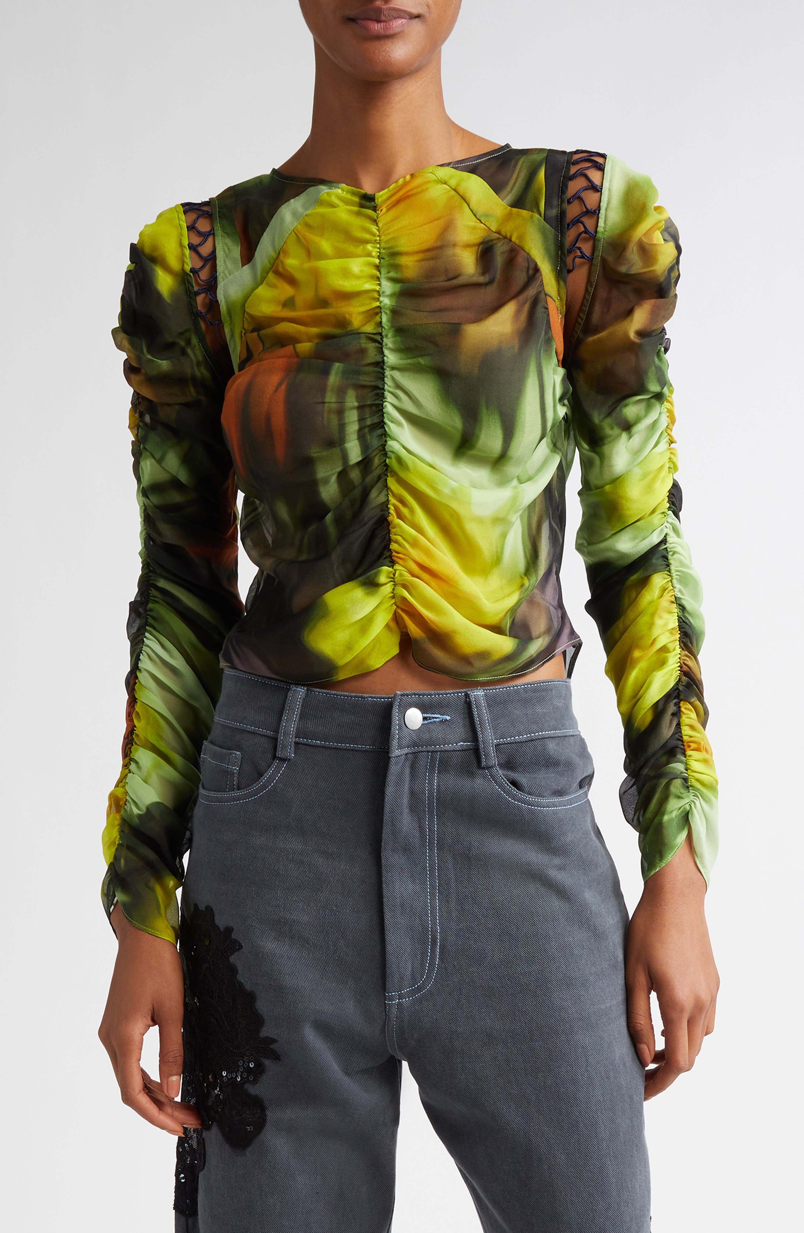 Collina Strada Delilah Gathered Silk Crop Top in Melting Bloom 