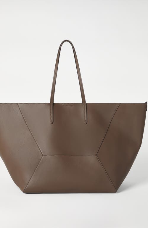 Shop Brunello Cucinelli Calfskin Large Shopper Bag With Monili In Brown Gianduia