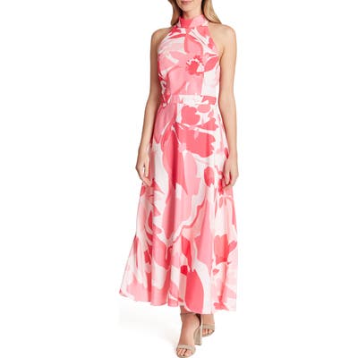 Tahari Printed Halter Maxi Dress, Pink