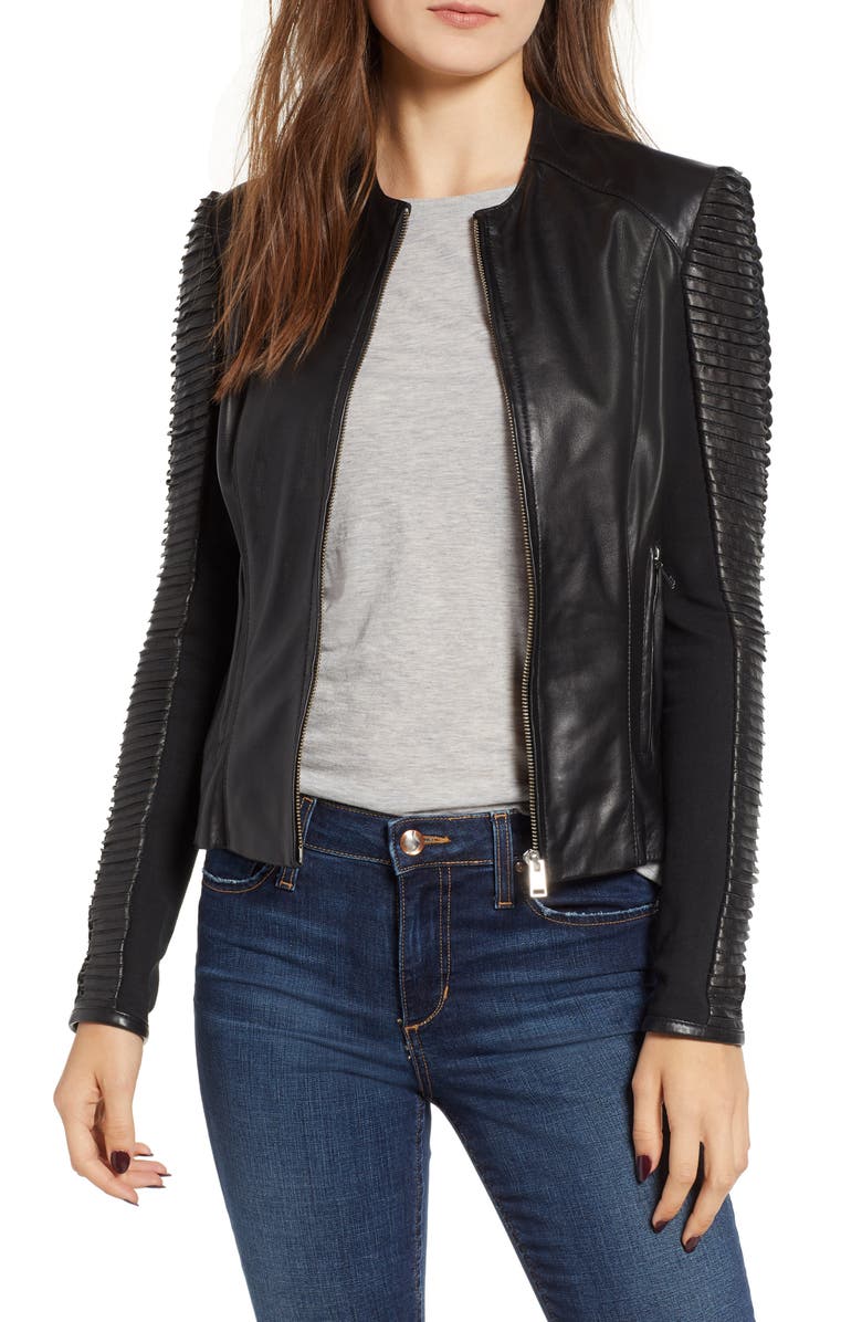 LAMARQUE Collarless Pleated Sleeve Leather Jacket | Nordstrom