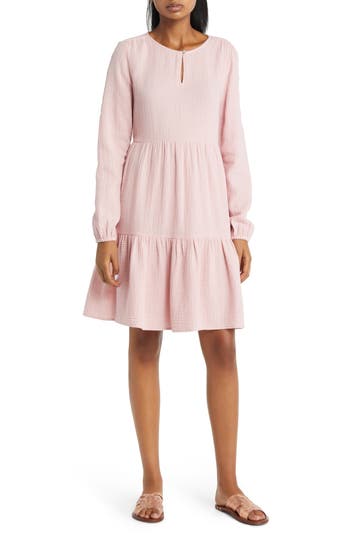 Beachlunchlounge Cate Long Sleeve Tiered Cotton Gauze Dress In Pink