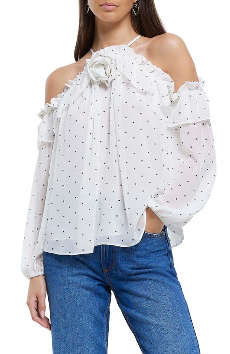 One Shoulder Feather Trim Top