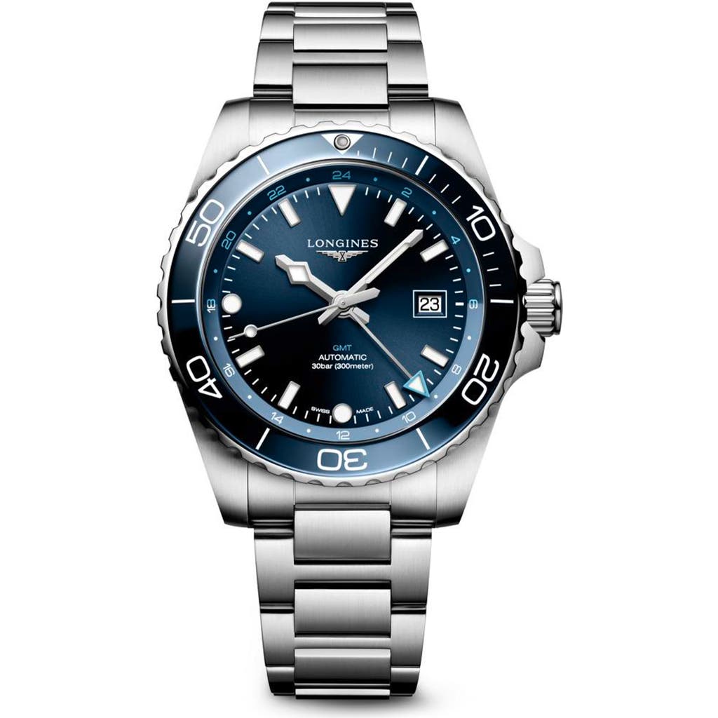 Longines Men's Swiss Automatic Hydroconquest Gmt Stainless Steel Bracelet Watch 43mm In Blue