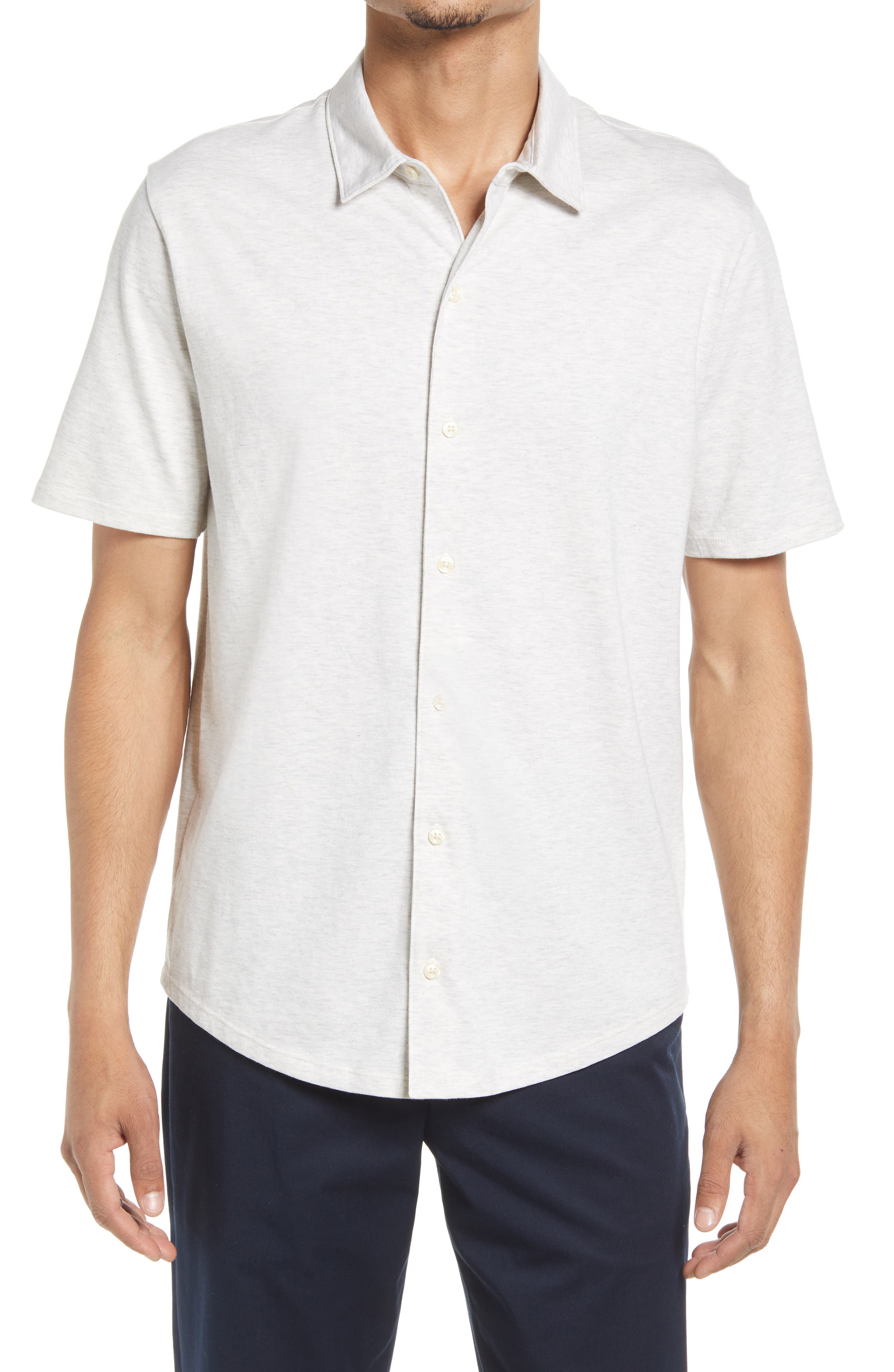 VINCE Short Sleeve Button-Up Knit Shirt in Heather Leche