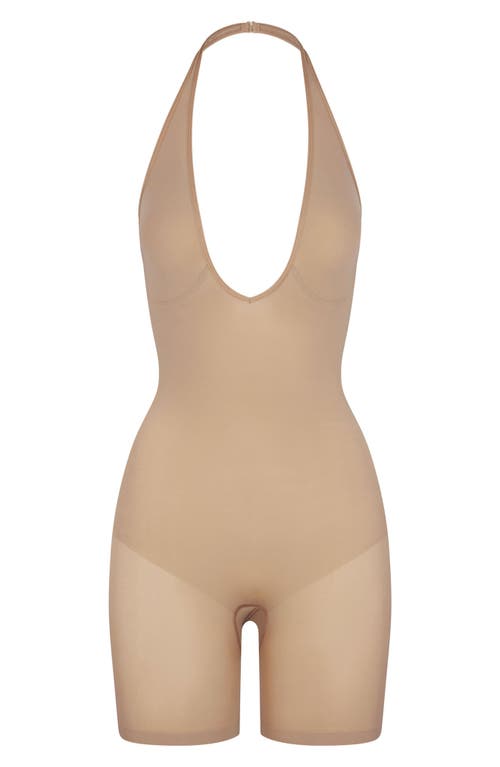 Shop Skims Seamless Sculpt Plunge Mid Thigh Bodysuit In Clay