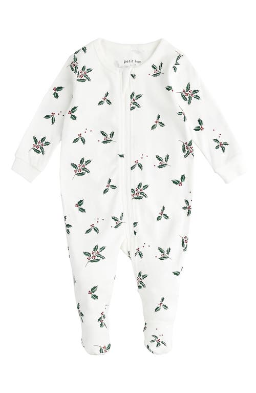 Petit Lem Merry Mistletoe Holiday Print Organic Cotton Fitted One-Piece Pajamas in Off White 