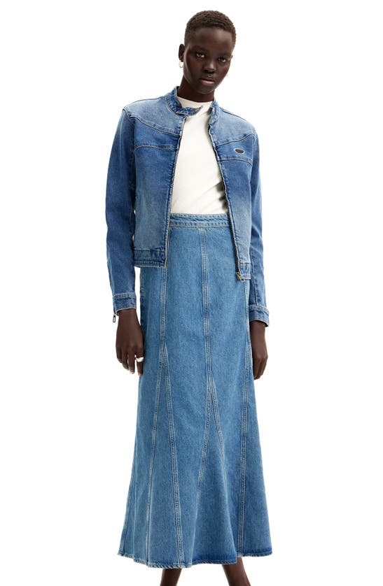 Shop Desigual Fal Gaga Paneled Flared Denim Midi Skirt In Blue