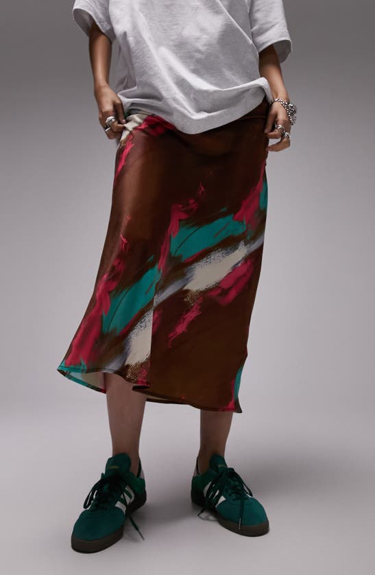 Shop Topshop Printed Satin Midi Skirt In Brown Multi