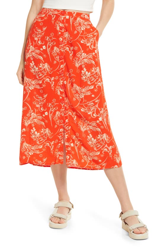 Treasure & Bond Button Front Skirt In Red- Peach Bouquet Floral
