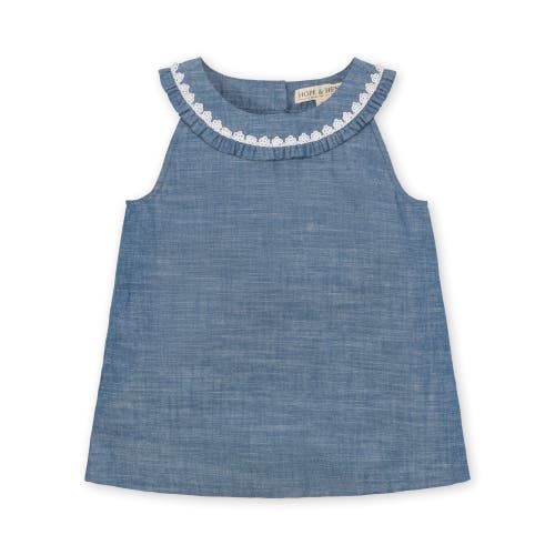 HOPE & HENRY HOPE & HENRY GIRLS' ORGANIC SLEEVELESS RUFFLE COLLAR CHAMBRAY BUTTON BACK TOP , KIDS