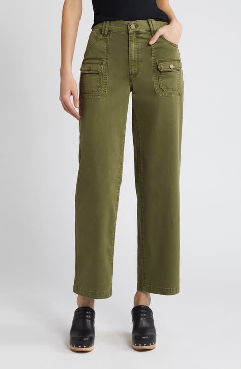 Dark green belted straight-leg pants