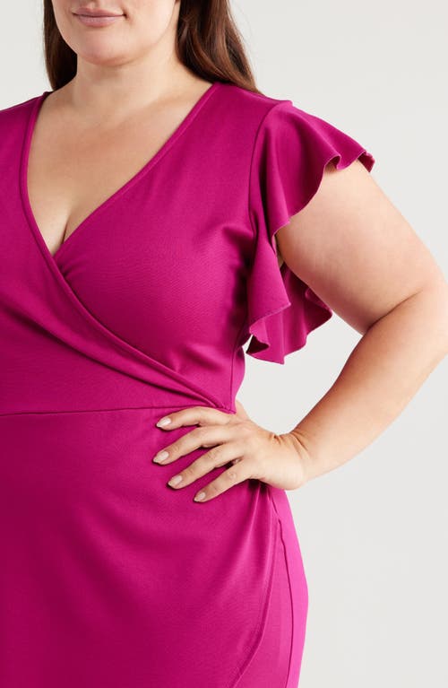 Shop 24seven Comfort Apparel Ruffle Sleeve Stretch Faux Wrap Dress In Magenta