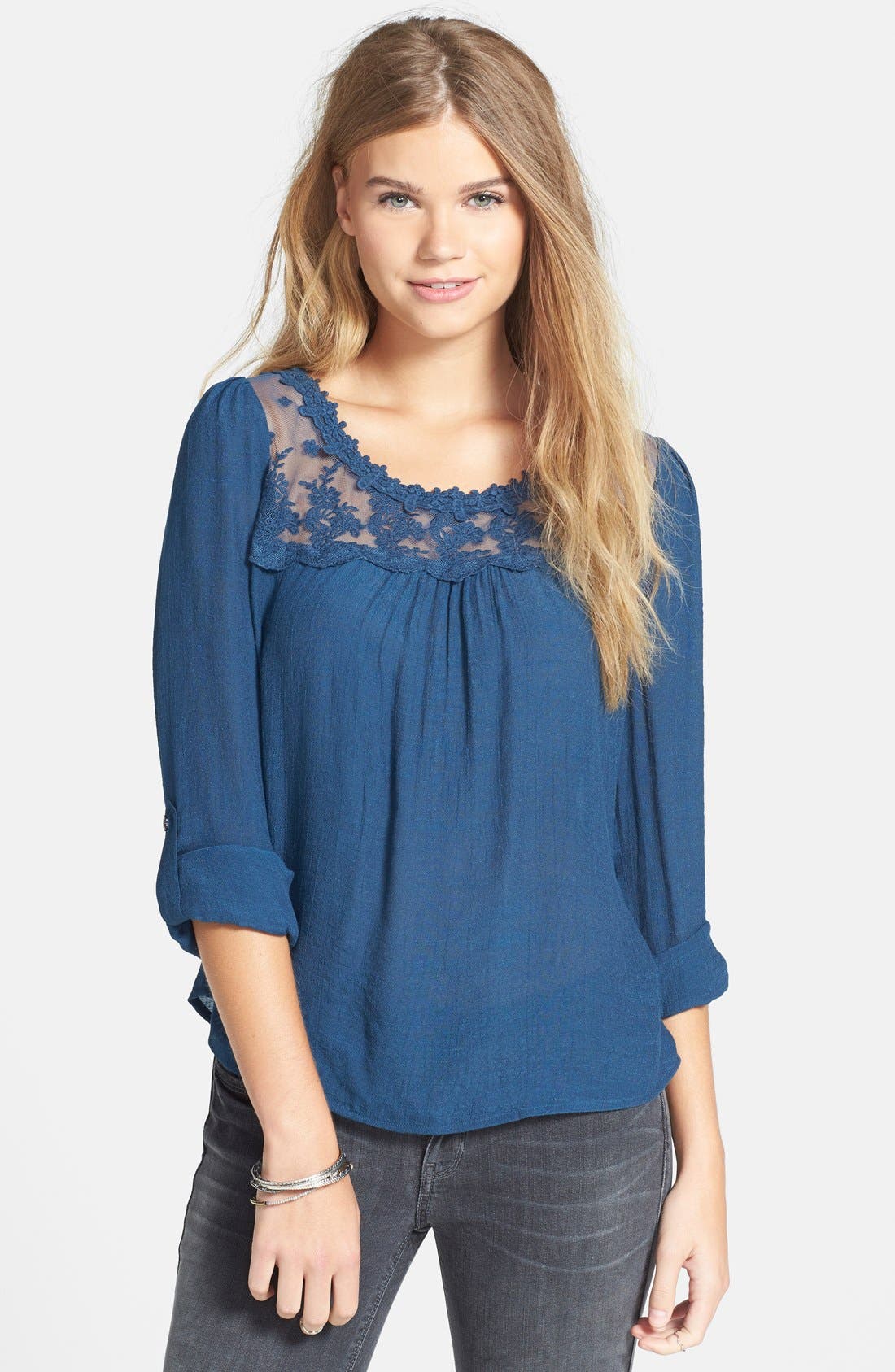 Blu Pepper Embroidered Lace Yoke Peasant Blouse (Juniors) Nordstrom