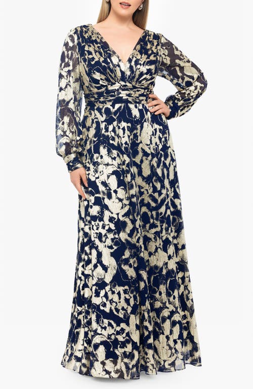 Betsy & Adam Long Sleeve Foil Print A-Line Gown in Navy/Gold 