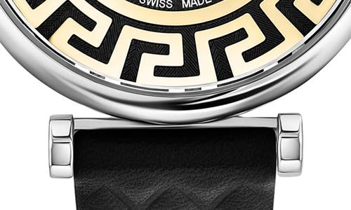 Shop Versace Greca Chic Leather Strap Watch, 35mm In Black/stainless Steel