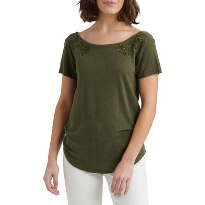 Lucky Brand Eyelet Scoop Back Linen Blend Top, Green