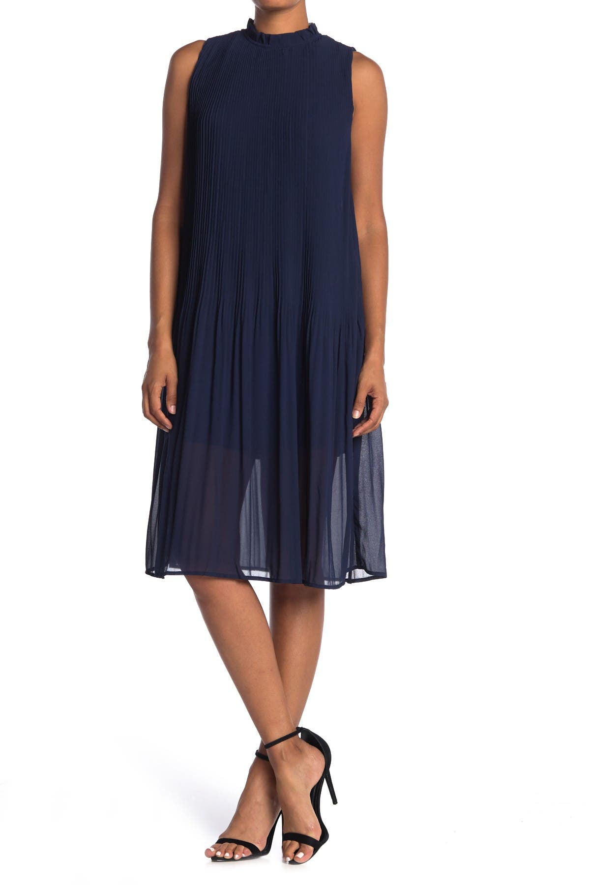 Click to view more detailed imagery on our partner's website Melloday Sleeveless Pleated Ruffle Neck Midi Dress In Navy