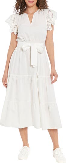 London Times Eyelet Flutter Sleeve Tiered Midi Dress | Nordstromrack