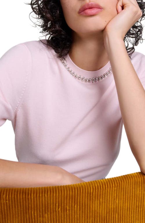 Shop Maje Knit Crop Sweater With Rhinestones In Pink