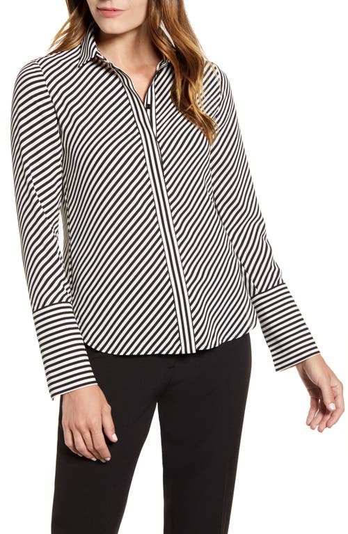 Shop Anne Klein Stripe Extended Cuff Blouse In Anne Blk/anne White Combo