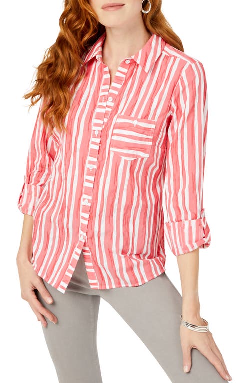 Foxcroft Hampton Stripe Non-Iron Cotton Button-Up Shirt in Watermelon at Nordstrom, Size 16