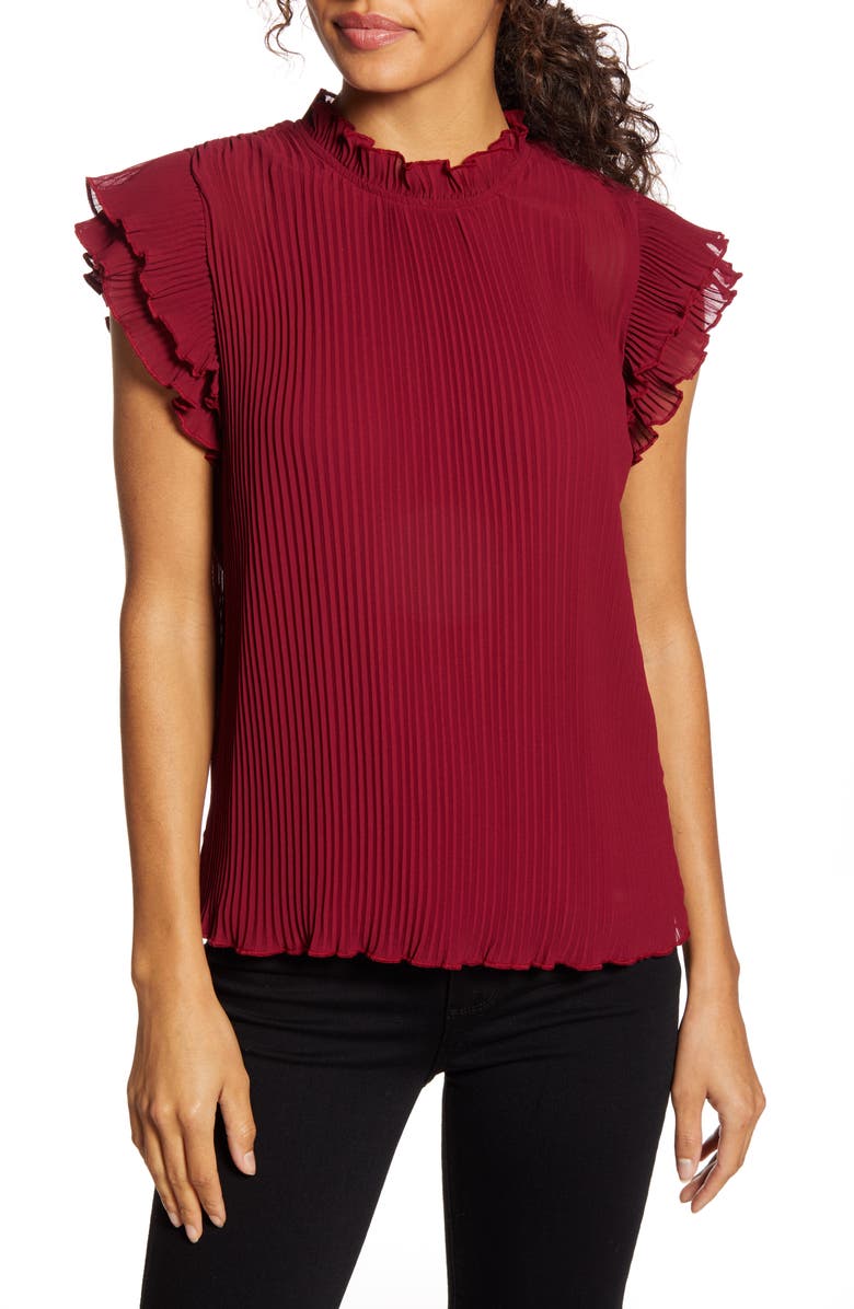 GIBSON x Glam Steph Taylor Jackson Pleated Ruffle Sleeve Blouse, Main, color, RUBY RED