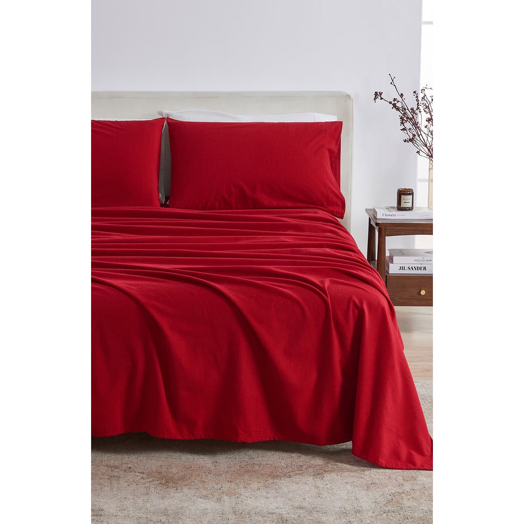 Woven & Weft Solid Cotton Flannel Sheet Set In Cranberry