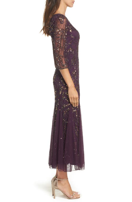 Shop Pisarro Nights Illusion Sleeve Beaded A-line Gown In Plum