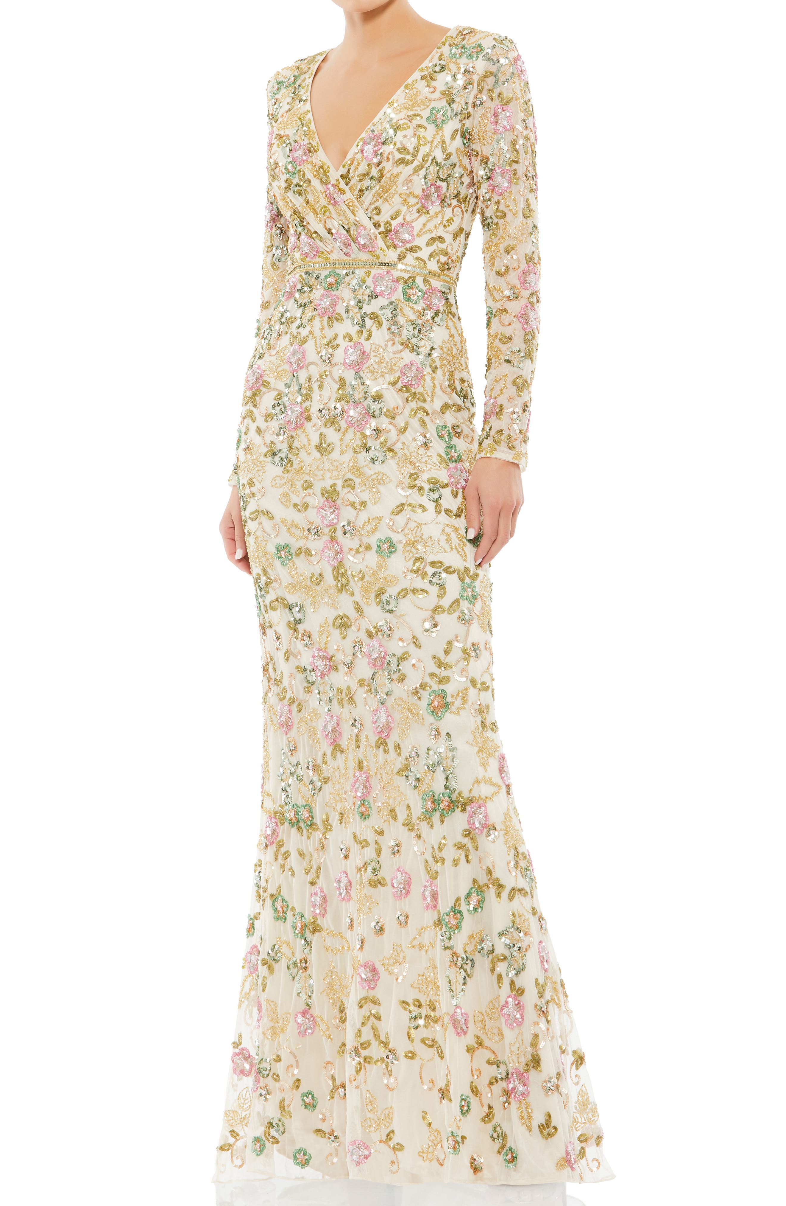 Mac Duggal Floral Sequin Long Sleeve 