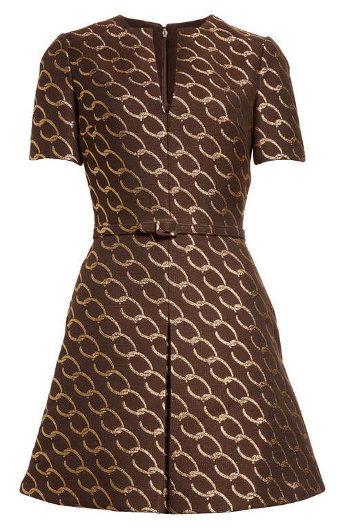 Shop Oscar De La Renta Chain Sparkle Belted Jacquard Fit & Flare Dress In Cafe/gold