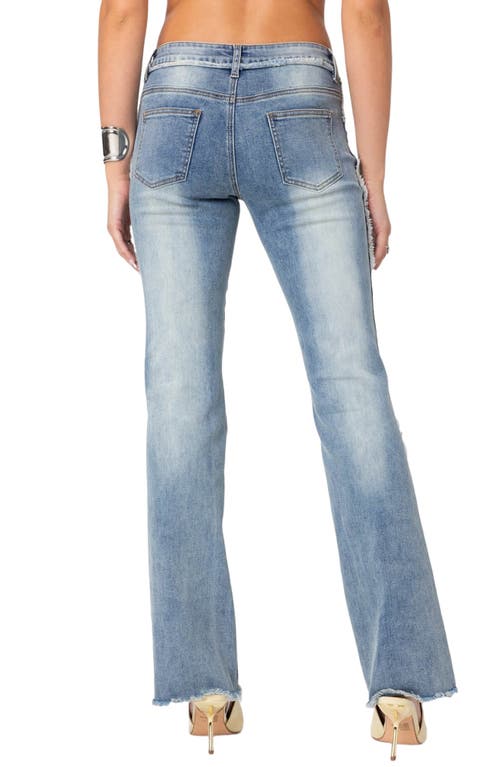 Edikted Distressed Frayed Low Rise Flare Jeans In Blue-washed