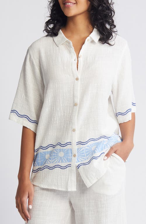 Rip Curl Santorini Border Print Short Sleeve Button-Up Shirt Blue at Nordstrom,