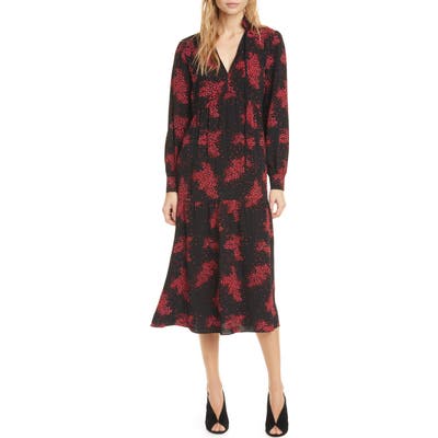 Ba & sh Bel Split Neck Long Sleeve Midi Dress, Black