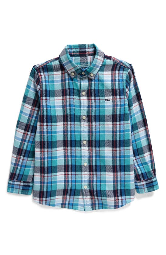 Shop Vineyard Vines Kids' Plaid Cotton Twill Button-down Shirt In Pld Aqua Ocean