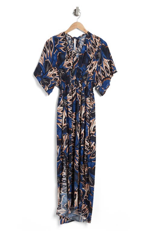 Shop Lovestitch Smocked Maxi Dress In Navy/cobalt/tan