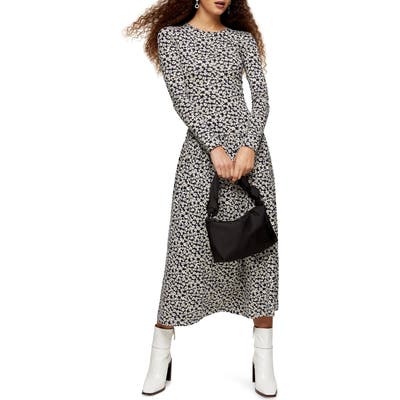 Topshop Daisy Print Tiered Hem Long Sleeve Dress, US (fits like 0-2) - Black