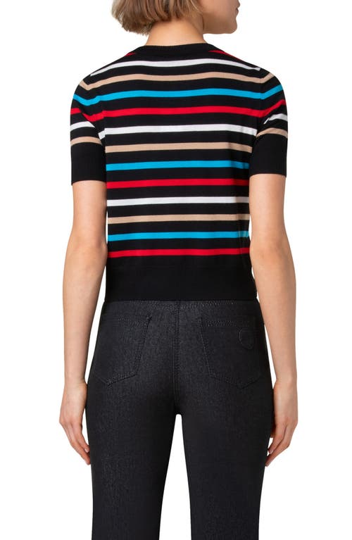 Shop Akris Punto Stripe Short Sleeve Crop Merino Wool Sweater In Black-multicolor