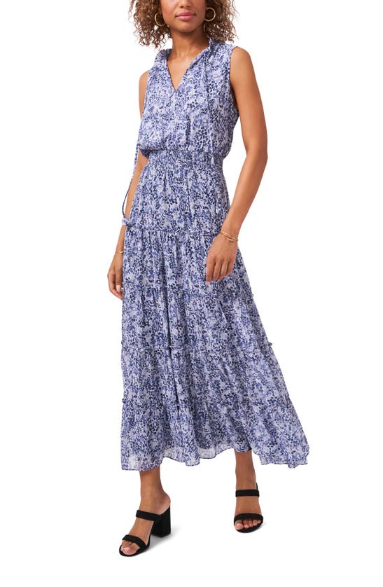 1.state Sleeveless Tiered Maxi Dress In White/ Blue