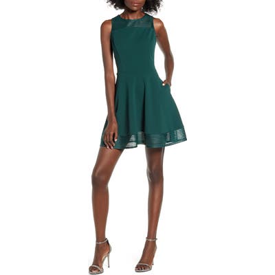 Speechless Stripe Illusion Scuba Crepe Fit & Flare Dress, Green
