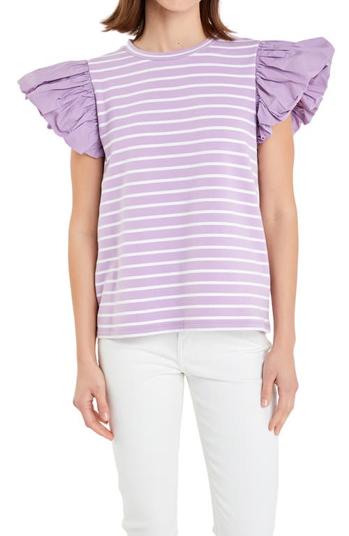 English Factory Mixed Media Stripe Ruffle Sleeve Top In Lilac/white