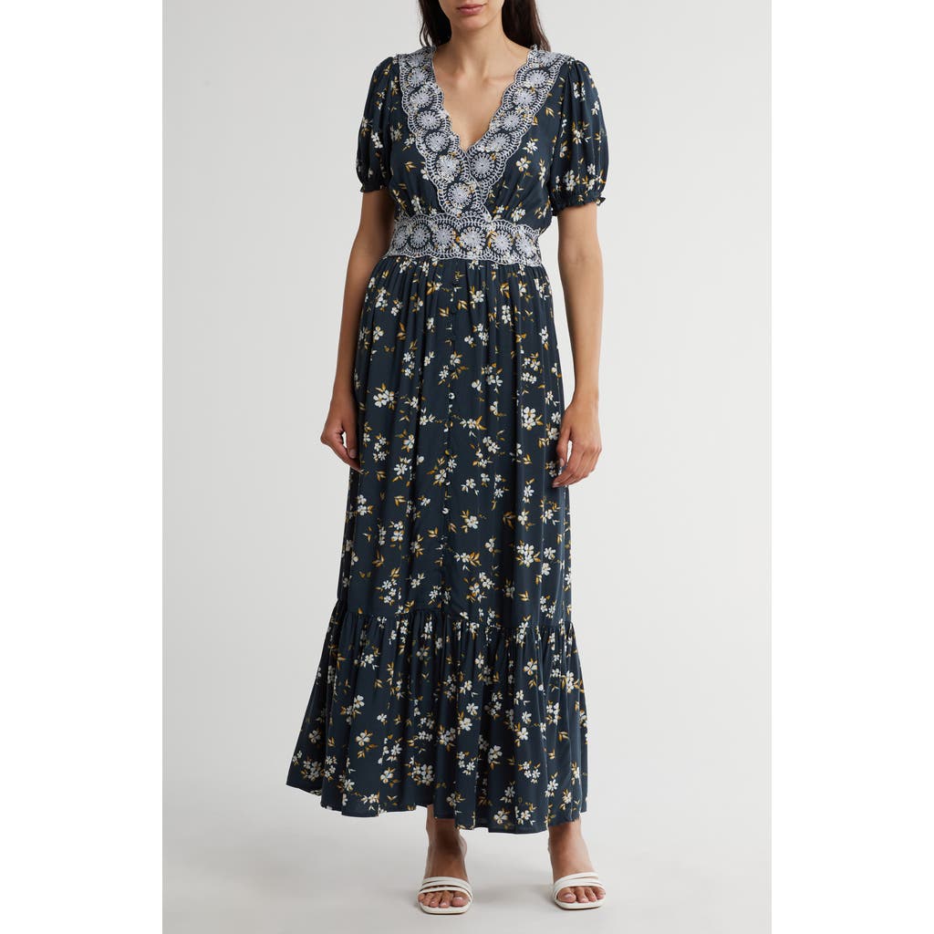 Shop Lovestitch Embroidered Print Maxi Dress In Navy/powder Blue