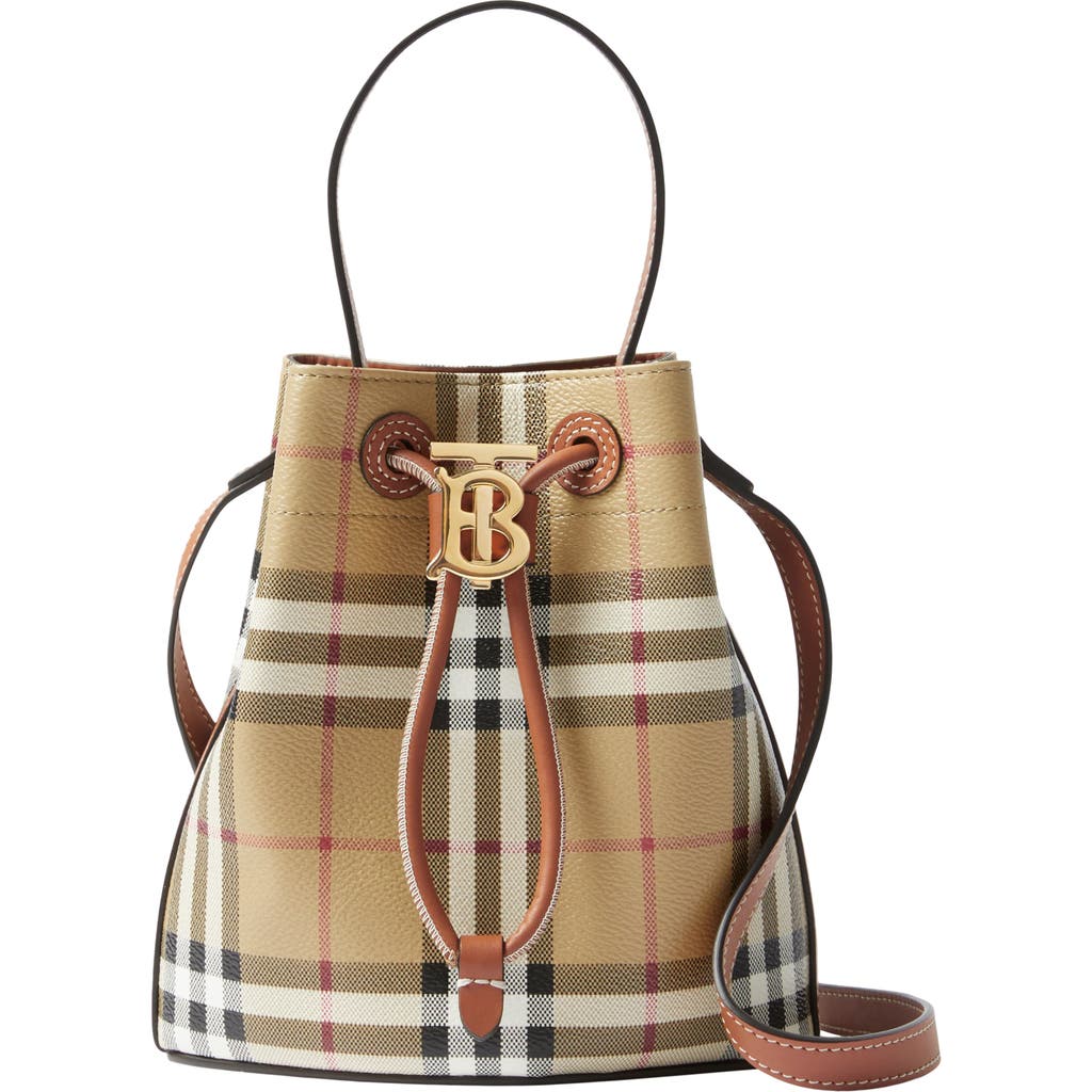Burberry Mini Tb Coated Canvas Bucket Bag In Vintage Chk/briar Brown