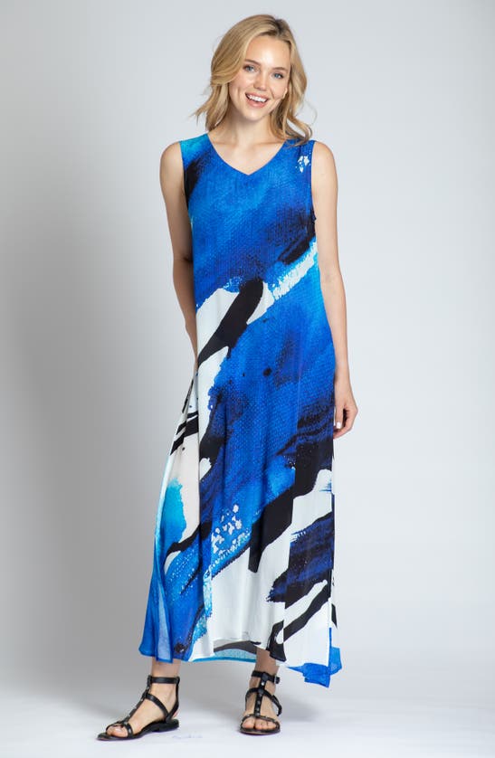 Shop Apny Print V-neck Sleeveless Chiffon Midi Dress In Blue Multi