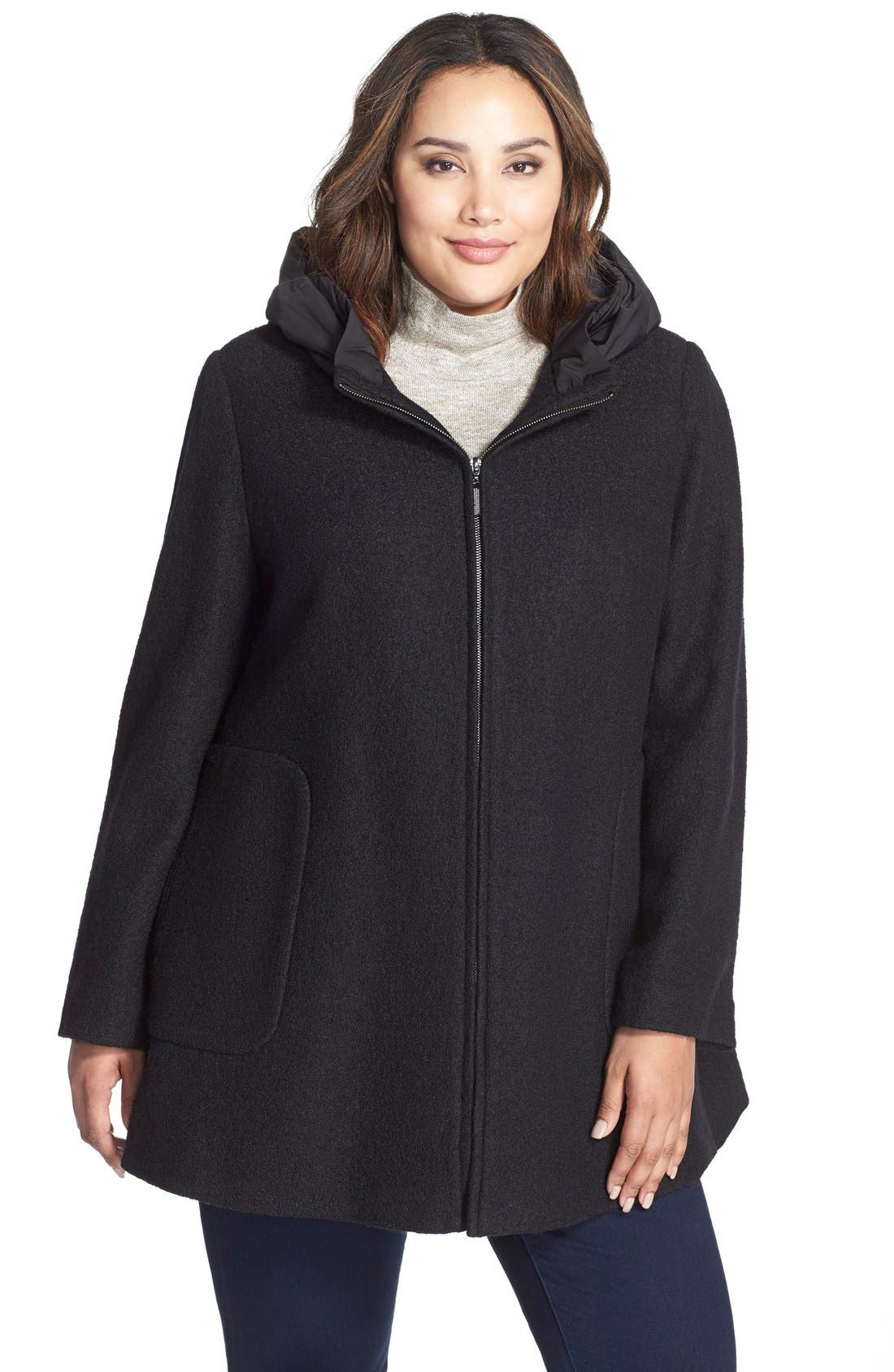Hooded Boiled Wool Blend Swing Coat