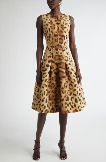 Oscar de la Renta Jaguar Print Pleated Faille Cocktail Dress | Nordstrom