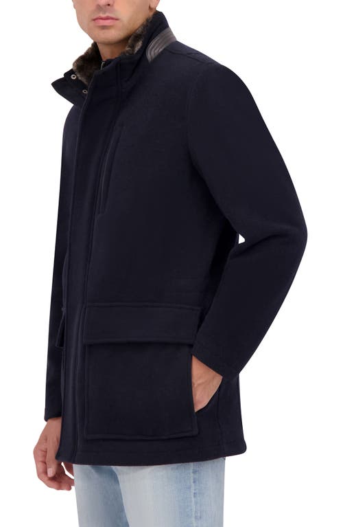Cole Haan Signature Wool Blend Faux Fur Lined Stand Collar Jacket In Navy