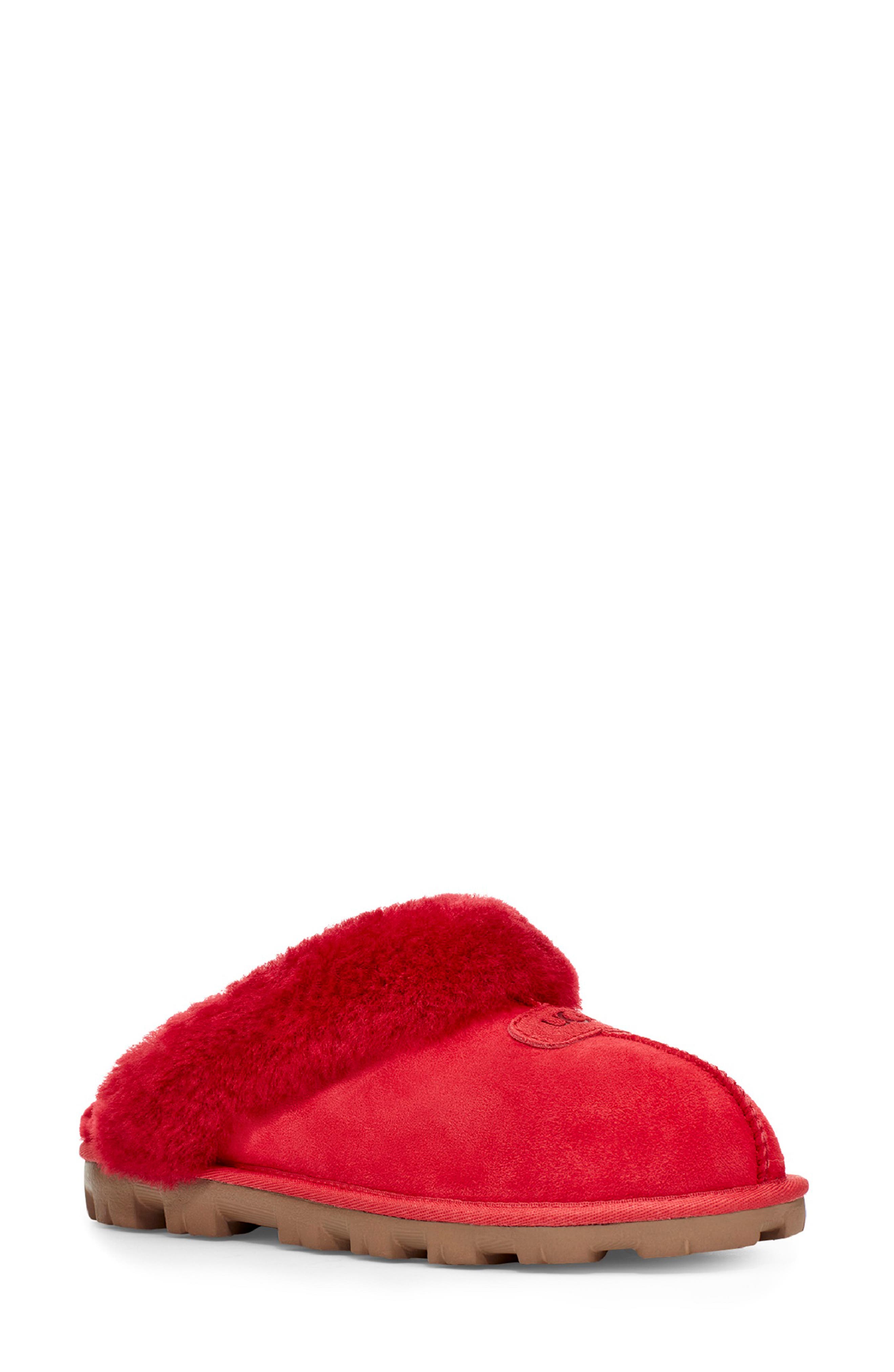 red shearling slippers