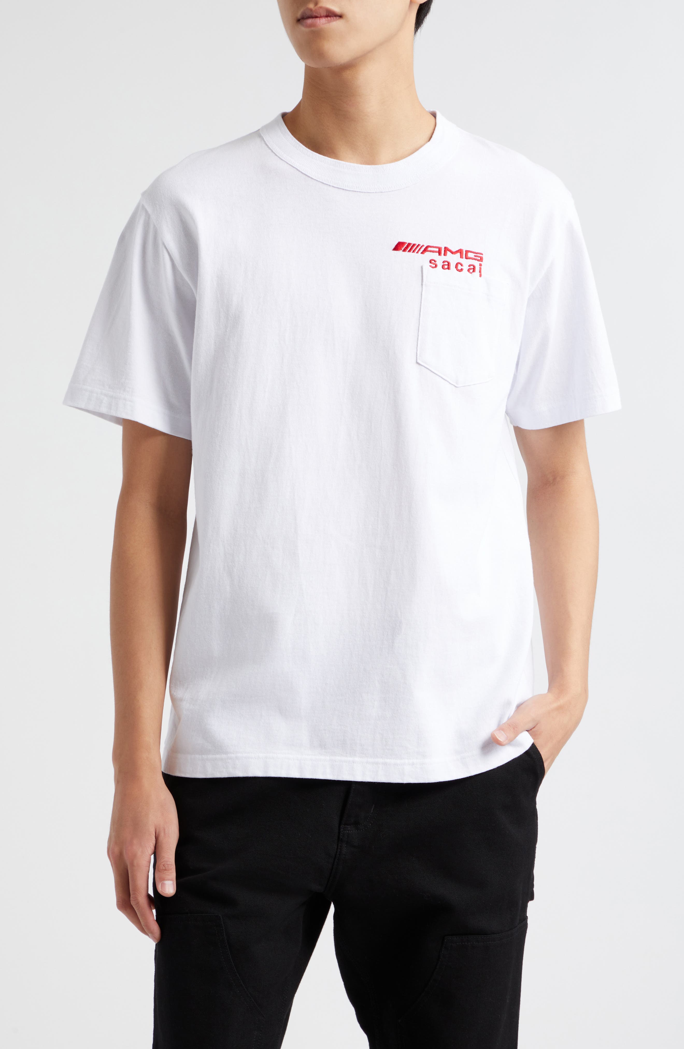 Sacai AMG Logo Embroideed Cotton Pocket T-Shirt in White | Smart
